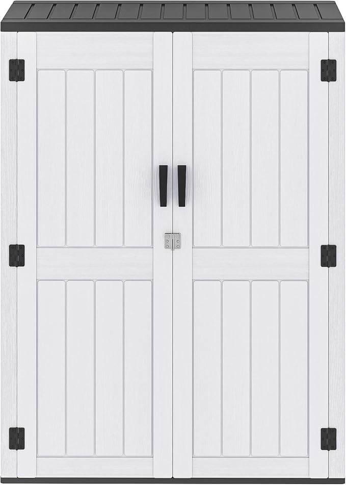 DWVO 59 Cu. Ft. Vertical Storage Shed, Weatherproof Outdoor Tall Cabinet with Double-Wall Panels and Floor, Lockable Resin Shed for Garden, Garage, Patio, Light Gray (Shelves Not Included)