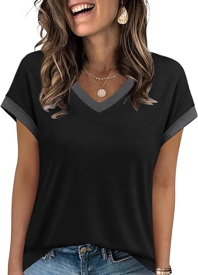 WIHOLL Womens Summer Tops 2026 Cap Short Sleeve Shirs V Neck T Shirts Fashion Beach Vacation Clothes Color Block