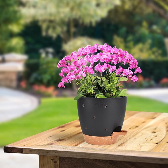 6 Inch Orchid Pots with Holes, 2 Pack Self Watering Planters for Orchids Plastic Orchid Pot Plant Flower Pots for Orchids Indoor Outdoor (Black with Brown)