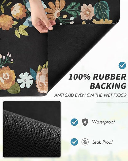 AMOAMI Coffee Mat Hide Stain Rubber Backed Absorbent Dish Drying Mat for Kitchen Counter - Bar Accessories Fit Under Coffee Maker, Espresso Machine, Dish Rack - Floral Black 16x24