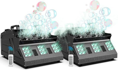 2000W Fog Bubble Machine, 3 in 1 Bubble Machine with 2 Bubble Fans,7 CH 18 RGB LED Lights Smoke Bubble All IN 1 Machine, Fog Machine Stage Effect for Party, Wedding, Halloween, 2 PACK
