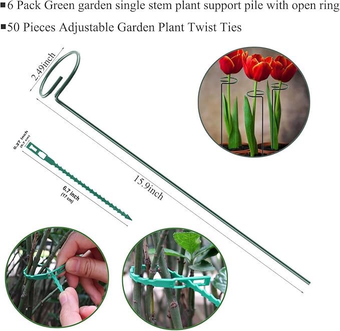 Plant Stake Support - 6 Pack, Garden Single Stem Support Stake Plant Cage Support Rings, Single Stem Plant Support Stakes, Plant Twist Ties, for Flowers Amaryllis Tomatoes Peony Lily Rose (15.9 inch)