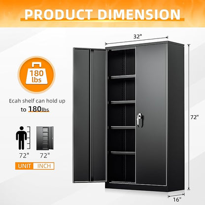 INTERGREAT Storage Cabinet with Doors and Shelves, Metal Garage Storage Cabinets with Lock, Black Lockable Steel Supply Cabinet for Home Office, Warehouse