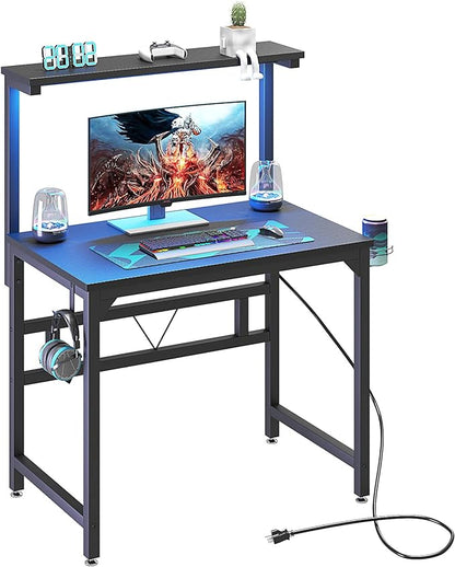 Gaming Desk with Power Outlets & LED Strip Lights,80CM Industrial Writing Desk with Adjustable Monitor Stand, Cupholder and Headphone Hook for Home Office Black