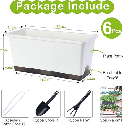 Window Box Planter 6 Pcs, 17 Inches Rectangle Flower Pots with Drainage Holes and Trays, Vegetable Planters for Windowsill Patio Garden Balcony Home Porch Yard Indoor Outdoor (Grey, 17*7.4*7.8 inch)