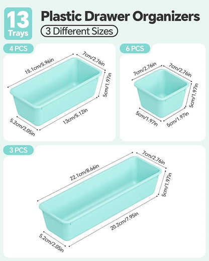 Canfanni 13 Pack Plastic Drawer Organizers Set, 3 Sizes Desk Drawer Organizer Trays for Vanity and Makeup Organizer, Organization and Storage for Makeup, Kitchen Utensils, Bathroom and Office(Blue)
