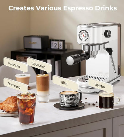 atatix 20 Bar Espresso Machine with Milk Frother, Compact Espresso Maker | Stainless Steel Coffee Machine with Precise Temp Control, 44oz Removable Water Tank for Latte, Cappuccino, White