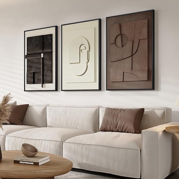 3D Textured Framed Abstract Wall Art, 3 Piece Modern Paintings Artwork for Walls, Black White Brown Geometric Sandstone Texture Pictures for Living Room Dining Room Bedroom Office Wall Decor 16x24 In