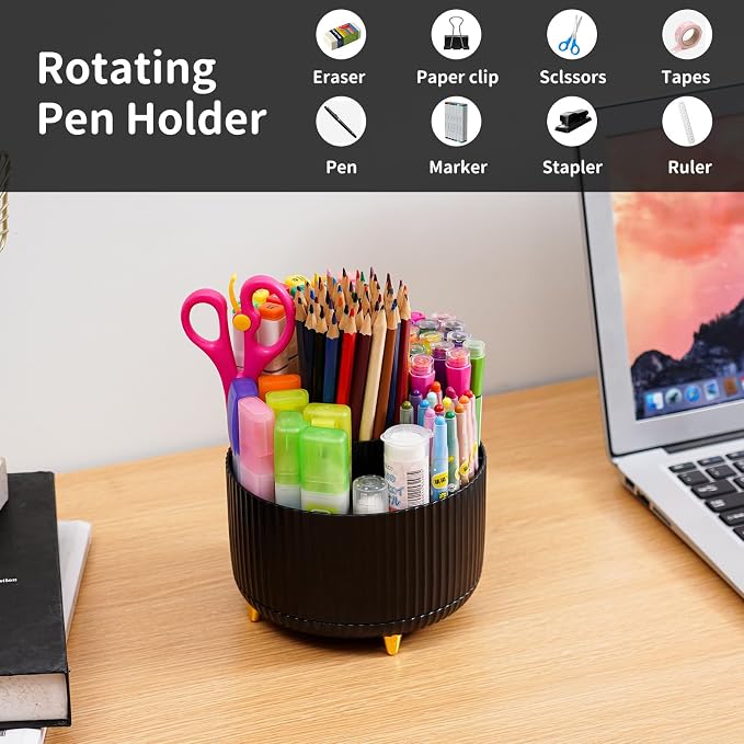 Marbrasse Desk Organizer, 360-Degree Rotating Pen Holder, Desk Organizers and Accessories with 5 Compartments Pencil Holder, Art Supply Storage Box Caddy for Office, Home (Black)