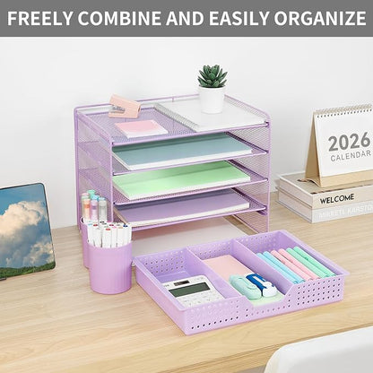 LEKETREE Desk Organizers and Accessories, 5-Tier Paper Letter Tray Organizer with Drawer & 2 Pen Holders, Desktop Organizer for Office Supplies (Purple)