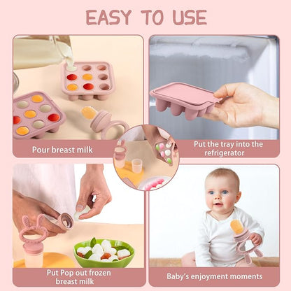 Baby Breastmilk Popsicle Molds & Baby Fruit Feeder (3 Pack), Baby Food Freezer Tray Storage Containers, Silicone Teething Pacifier Feeder and Teether for Babies,Baby Feeder-Pink
