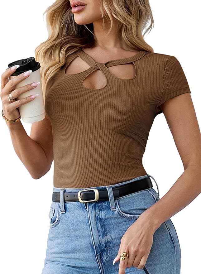 Pink Queen Sexy Tops for Women Cutout Keyhole Neck Cap Sleeve Shirts Casual Summer Clothes 2026 Fashion