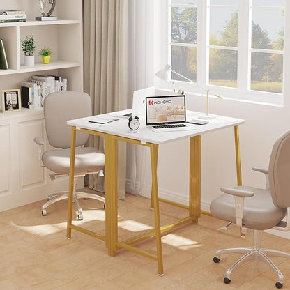 WOHOMO Folding Desk, 39.4" Foldable Computer Table for Small Spaces, Gold | Easy Assembly and Fold, Sturdy Home office desks for Study Bedroom Dorm Space Saving Writing Work Apartment