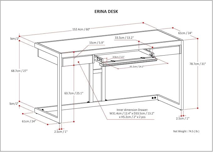 SIMPLIHOME Erina SOLID ACACIA WOOD Industrial 60 Inch Wide Writing Office Desk in Rustic Natural Aged Brown, For the Workstation and Study Table