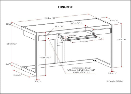 SIMPLIHOME Erina SOLID ACACIA WOOD Industrial 60 Inch Wide Writing Office Desk in Rustic Natural Aged Brown, For the Workstation and Study Table