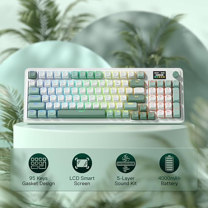 Redragon K719 PRO Wireless 95-Key Gasket Gaming Keyboard, TFT Screen & Knob | Easy-Control LED Info Display, 0-Delay Tri-Mode, Cushioned 5-Layer Noise Dampening for Creamy Thocky Sound, Practical 95 keys