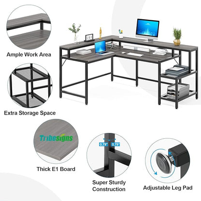 L-Shaped Desk with Monitor Shelf,Corner Computer Desk with Storage, Gray