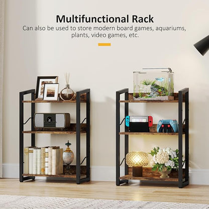 Hosfais Book Shelf Small Bookshelf: 3-Tier Wood Bookcase Industrial Bookshelf with Edge Protection Metal Narrow Bookcase Storage Organizer Display Rack for Bedroom Home Office (Rustic Brown)