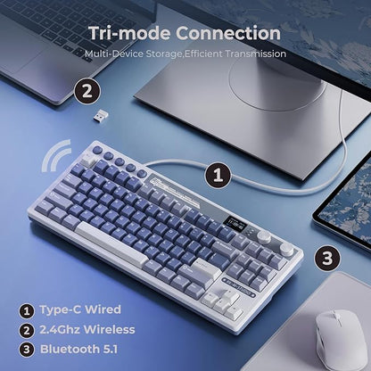 RK ROYAL KLUDGE M87 Wireless Gaming Keyboard with Screen & Dual Knobs, Blue | Bluetooth/2.4G/Wired, Hot Swappable Cream Switches, 5-Layer Noise Dampening Gasket Structure,Compact 75% Size for PC/WIN/Mac