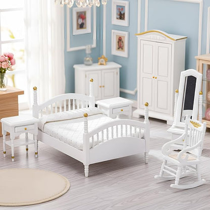 Skylety 7 Pcs Wooden Dollhouse Furniture Set 1: 12 Scale Victorian Dollhouse Bedroom Furniture, Bed Dressing Table Wardrobe Carpet for Adults Toys Miniature Doll House Accessories(White,Vintage)