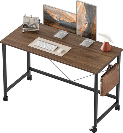 Mericonia 47x24 Inch Computer Desk with Wheels, Small Simple Rolling Desk | Writing Table for Home Office Bedroom Work Study, Walnut