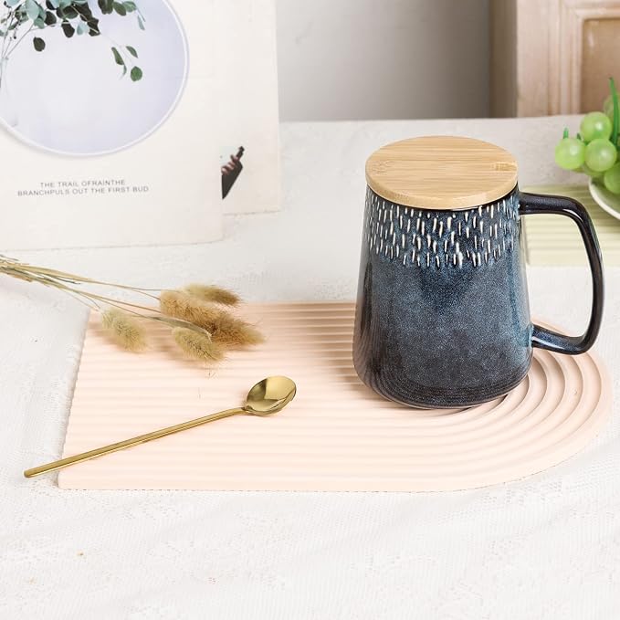 Large Ceramics Coffee Mugs,24 OZ,with Spoon and Wooden Lid,for Coffee,Tea,Large Handle Design,Microwave and Dishwasher Safe(Color:24 oz star blue set)