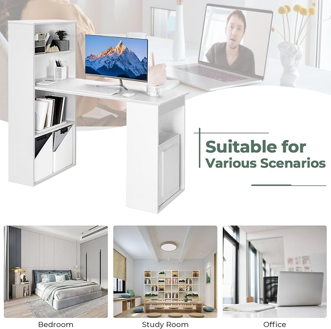 GRAFFY Computer Desk with 6 Storage Shelves - 48" Reversible Writing Desk Workstation with Bookshelf and CPU Stand, Modern Compact Office Desk for Bedroom, Study, Home, Office (White)