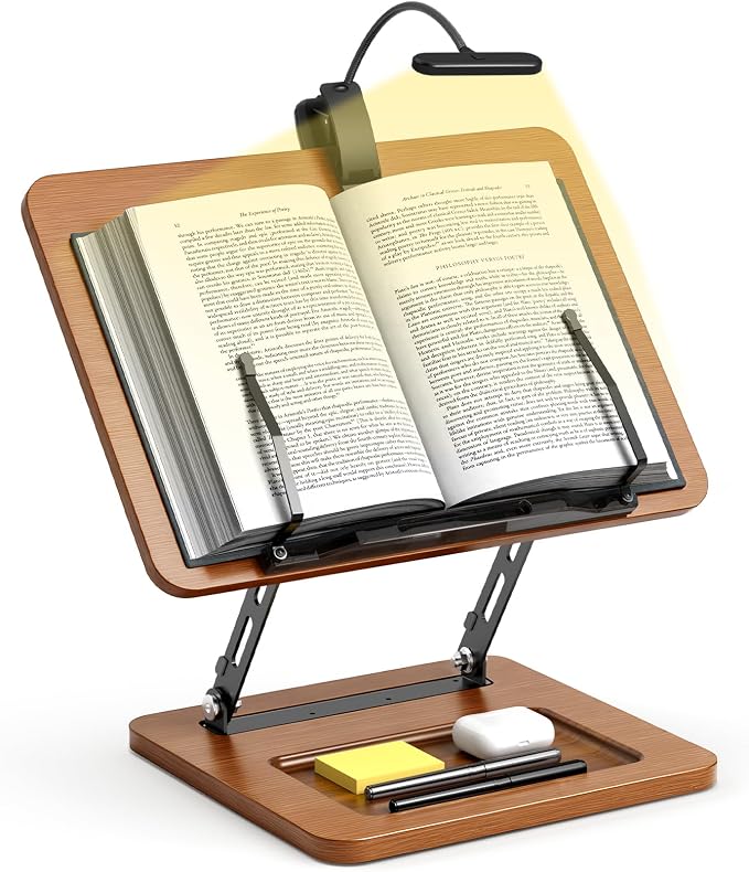 OPTIXCELL Book Stand with Light, Hands Free Book Holder, Gifts Book Lovers | Hands Free, Adjustable Height Angle, Built-in Storage Tray, 3-Mode Reading Light, Foldable Metal Frame, Fits Cookbook Tablet