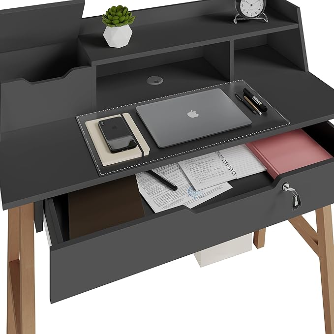 Roma Writing Desk - Elegant Wood Study Desk With Storage, Cable Holes & Drawers - Work Table for Home, Office, Dorm, Small Spaces - Compact Black Desk, 40x19x36.9” (black)