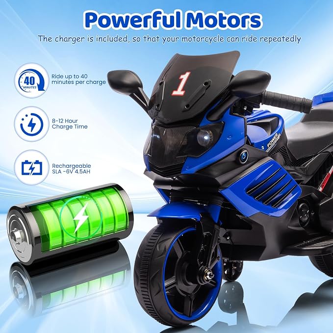 GarveeLife 6V Kids Motorcycle, Electric Ride On Car Toy with Training Wheels, Working Headlight, Horn & Music, Battery Powered Ride On Motorcycle Toy for Toddler Kids Boys Girls Ages 3-5, Blue