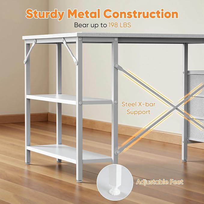 DUMOS L Shaped Desk with Drawers, Gaming Desk, 55 Inch | Power Outlet, Study Table, Adjustable Shelves, Home Office, Corner Computer Workstation, Bedroom, White