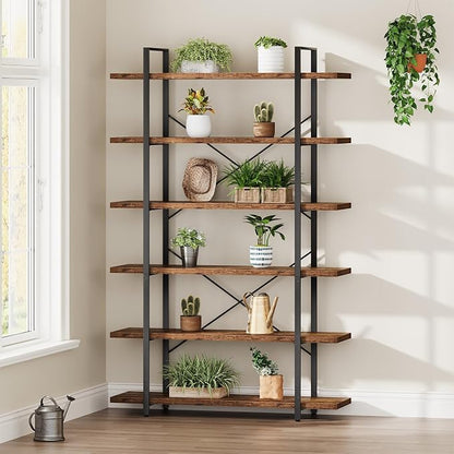 HSH 6 Shelf Tall Bookcase, Industrial Modern Large 6 Tier Bookshelf, Open Wood and Metal Display & Storage Rack,Farmhouse Bookcases and Book Shelves 6 Shelf for Bedroom Living Room Office,Rustic Brown