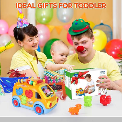 Toy Cars for 2 Year Old Boy Toys, Baby Boy Gifts, Musical Learning Crawling Toys for Toddlers 2-3, Educational Baby Bus with Animal Blocks, Christmas Birthday Gift for 2 3 4 Year Old Boys Girls Kids