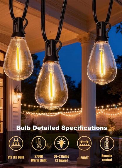 200FT Outdoor String Lights Waterproof, 76+2 Shatterproof S11 LED Bulbs, Extra Long Patio Lights for Outside, Bistro Cafe Decor, Backyard Garden Hanging Lights, Outside Fence Light String