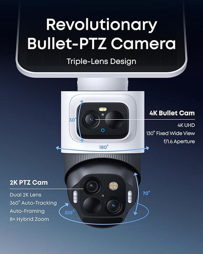 eufy Security eufyCam S4,4K Solar Camera Wireless Outdoor, 3-Lens Bullet-PTZ Cam, 360° Coverage, 8X Auto Zoom, AI Recognition,AI Track, Color Night Vision, 0 Monthly Fee, Built in 32 GB Storage