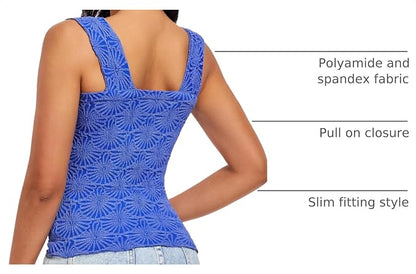 Women's Square Neck Wide Strap Crop Tank Tops Flower Going Out Tops Slim Fit Lettuce Trim Crop Cami Tops