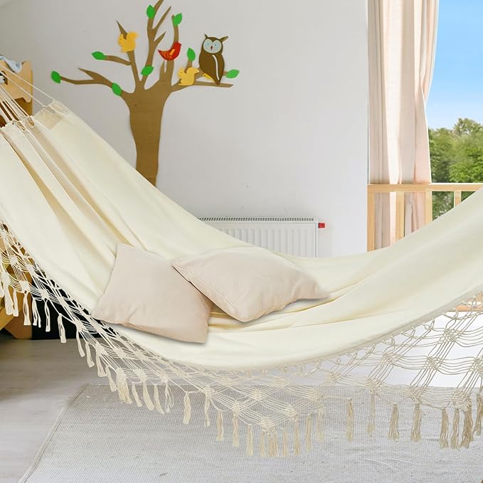 JoyView Boho Macrame Double Hammock with Hanging Ropes & Elegant Tassels 86.6x59 Portable Cotton Hammock for Patio Backyard Porch 450LBS Weight Capacity Perfect for Outdoor/Indoor - Beige Color