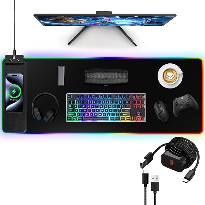 RGB Gaming Mouse Pad with Fast Wireless Charger, LED Extended Desk Mat, Home Office Large Desk Pad with Ultra-Smooth Surface, Non-Slip Base, Waterproof Keyboard Pad (Black)