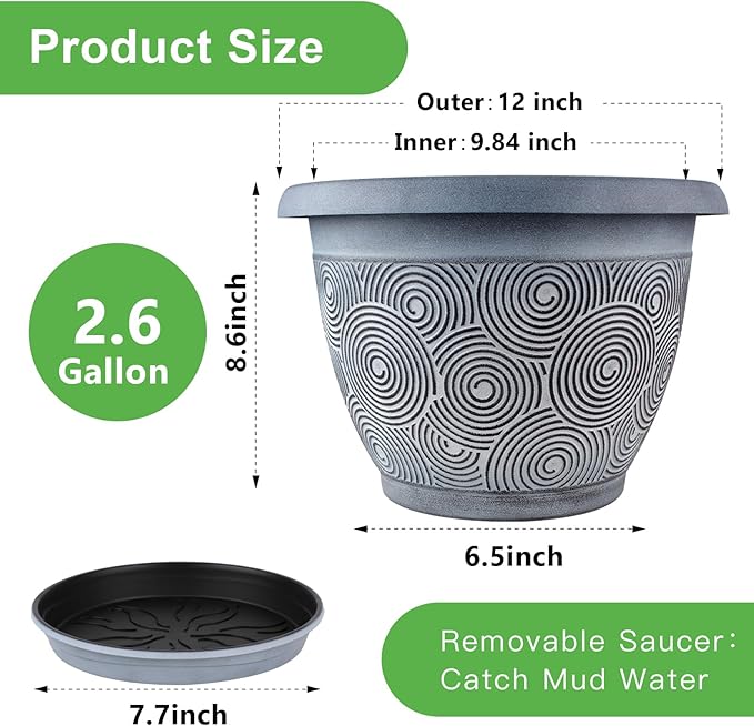 12 Inch Large Planter Pot for Plants Indoor Outdoor, 4 Pack Plastic Flower Pots with Drainage Hole & Tray, Modern Decorative Garden Pot with Saucer, Plant Container for House