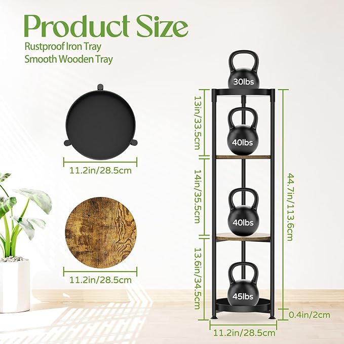 iDavosic.ly 4 Tier Corner Plant Stand Indoor, 45 Inch Tall Vertical Metal Flower Heavy Duty Pot Holder Shelf Outdoor for Patio Porch Living Room, Modern Black & Rustic Brown - Round