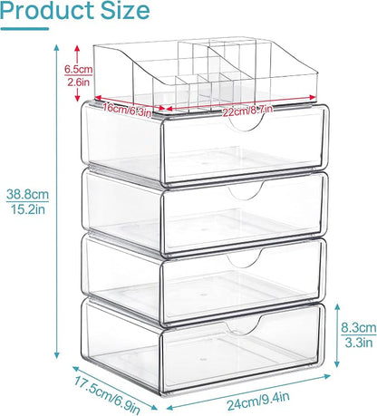 Vtopmart 5 Tier Clear Makeup Organizer with Drawer, Cosmetic Storage for Dresser Countertop and Bathroom Vanity, Beauty Holder for Lipstick Brush Skincare | Smart Storage Layout, Clear for Better Visibility, Stackable, Large Capacity, for Makeup Lipsti...