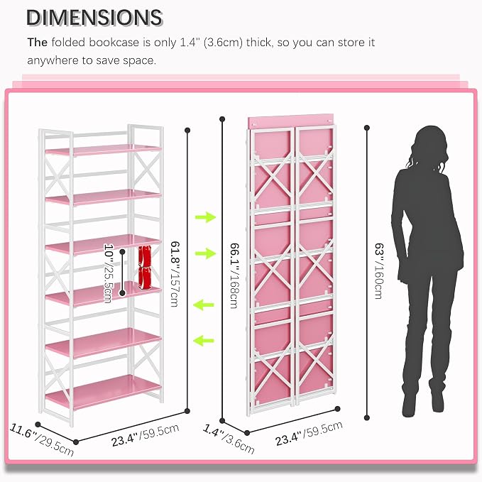 4NM 6 Tiers No Assembly Book Shelves, 61.8" H Folding Bookshelf Bookcase Open Industrial Foldable Shelves for Bedroom, Living Room, Home Office - Pink White