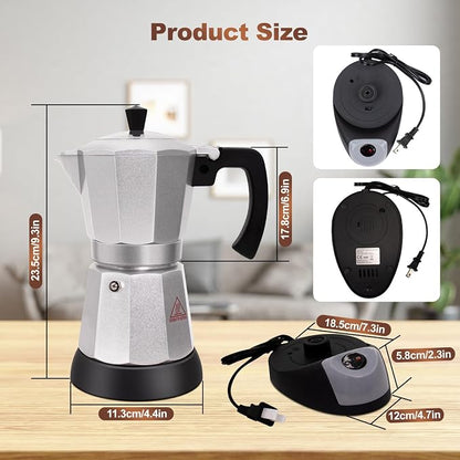 Electric Aluminum Moka Pot 3-6 Cup 150-270ml Espresso Maker | with Detachable Base Ideal Coffee Makers for Home MochaPot Italian and Cuban Café Coffeemaker Espressomaker CoffeePot Silver