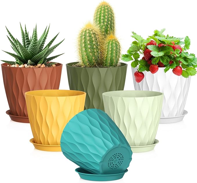 5 inch Plant Pots for Indoor Outdoor Plants, 6 Pack Thick Nursery Pots with Drainage Holes and Saucers, 3D Modern Wave Texture Small Plastic Planter Flower Pots, Multicolor