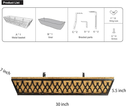 4 Pack 30 Inch Window Boxes Planters Railing Planter Box with Adjustable Brackets for Porch Fence Patio Balcony Hanging Flower Baskets with Coco Liners for Outdoor Garden Decor - Bronze