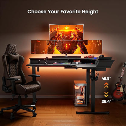 ErGear 65″ L Shaped Gaming Desk with 3 Drawers, Standing Desk Height Adjustable w/Monitor Shelf [C-Clamp Mount Compatible], Corner Stand up Desk w/Cable Management Trays for Home Office, Black