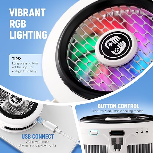 Phone Cooler for Gaming, Low Noise USB Cell Phone Cooler with Smart Temp Control, Phone Cooling Fan with RGB LED Lights, Magnetic Ring & Clip Fan for Phone Gaming & Streaming (White)