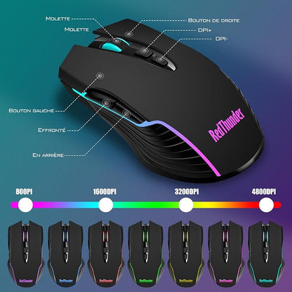 RedThunder K10 Wireless Gaming Keyboard and Mouse Combo, RGB Backlight Rechargeable 3800mAh Battery, 26-Key Anti-ghosting Keyboard + 7D 3200DPI Mice for PC Gamer