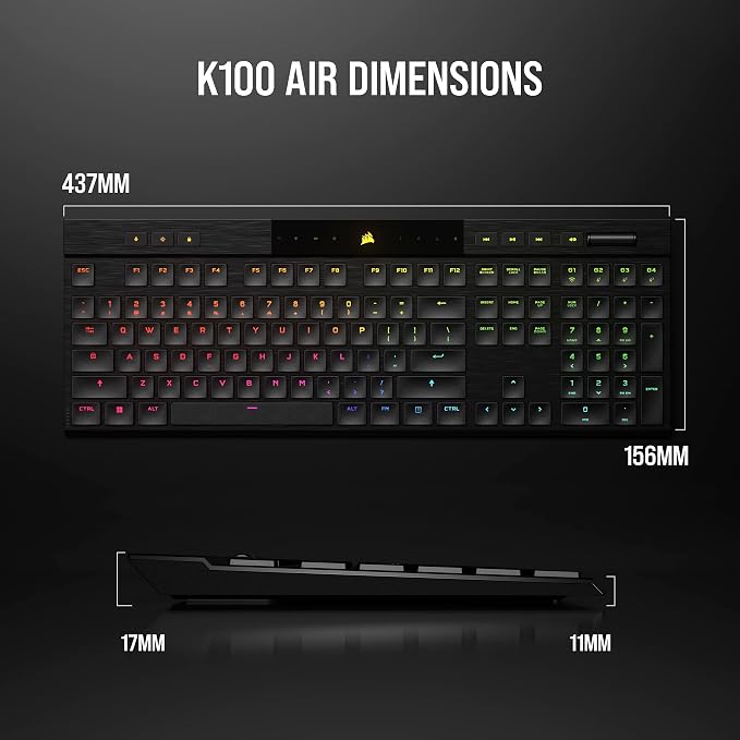 Corsair K100 AIR Wireless RGB Mechanical Gaming Keyboard - Ultra-Thin, Sub-1ms Slipstream, Low-Latency Bluetooth, Cherry MX Ultra Low Profile Keyswitches - NA Layout, QWERTY - Black