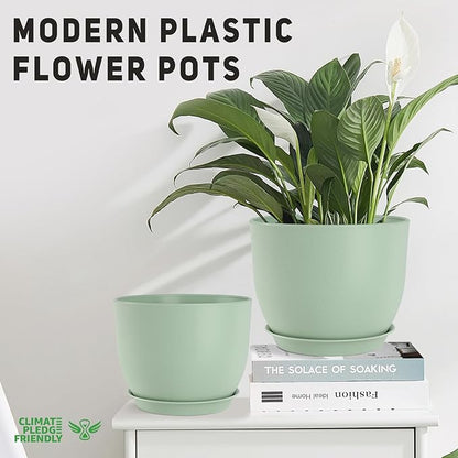 Plant Pots 10/9/8/7.5/7 inch Flower Pots with Multi Mesh Drainage Holes, Planters for Indoor Outdoor Garden Plants and Flowers. (Green)